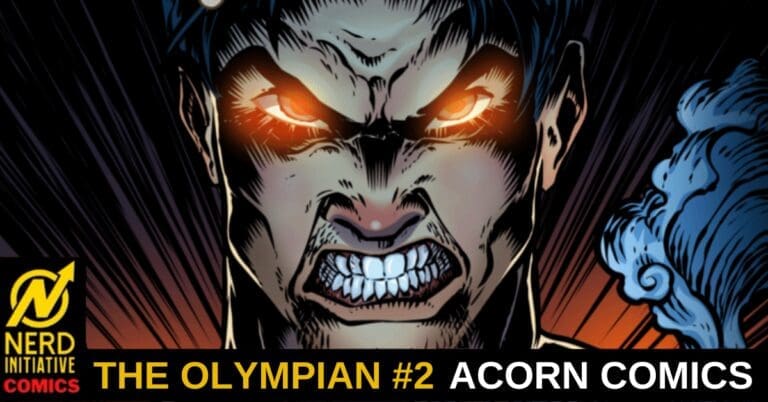 Fierce comic hero with glowing red eyes, bold title 'THE OLYMPIAN #2 ACORN COMICS' and Nerd Initiative logo.