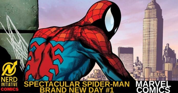 Comic book cover: Spider-Man with a city skyline background, banner text reading 'Spectacular Spider-Man Brand New Day #1' and Marvel Comics logo (Nerd Initiative Comics panel).
