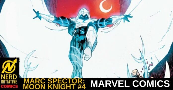 Moon Knight soars with cape spread, against a red moon backdrop; cover art for Marvel Comics' Moon Knight #4 featuring Marc Spector.