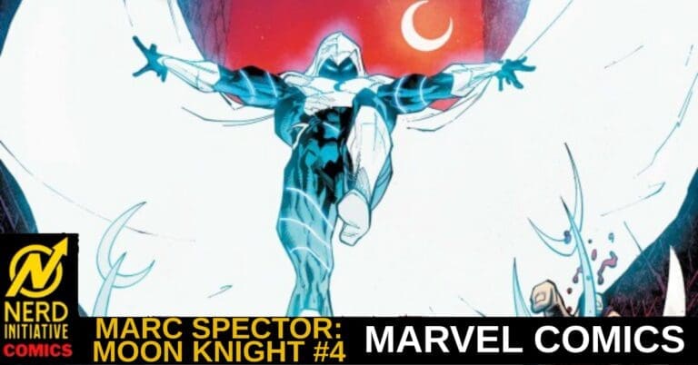Moon Knight soars with cape spread, against a red moon backdrop; cover art for Marvel Comics' Moon Knight #4 featuring Marc Spector.