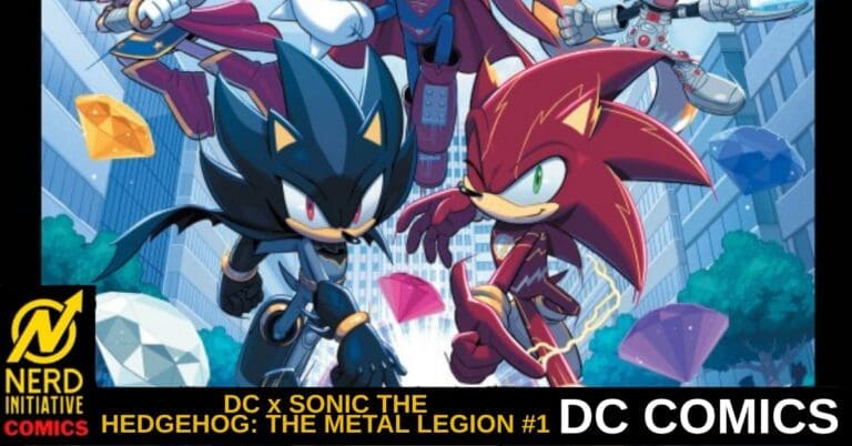 Sonic the Hedgehog and Shadow sprint toward the viewer through a futuristic city street, a DC Comics crossover banner in the background.