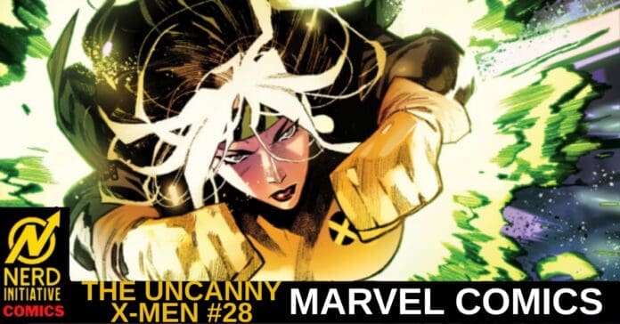 Comic book cover showing a female mutant with white hair in a yellow outfit charging forward with green energy effects; text reads The Uncanny X‑Men #28, Marvel Comics, Nerd Initiative Comics.
