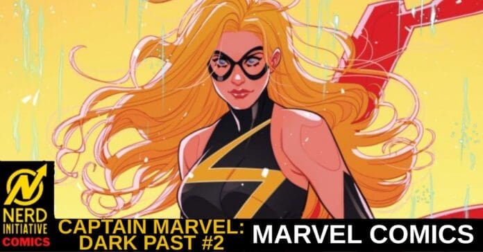 Comic book cover featuring Captain Marvel with long blonde hair in a black and gold suit against a yellow background, with a red cape partly visible.
