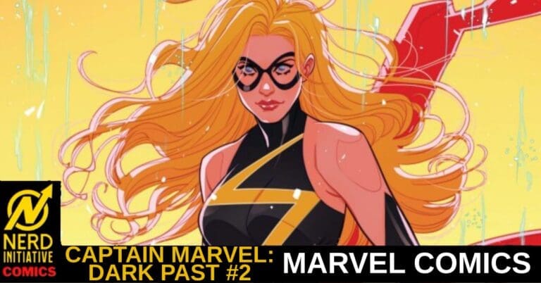 Comic book cover featuring Captain Marvel with long blonde hair in a black and gold suit against a yellow background, with a red cape partly visible.