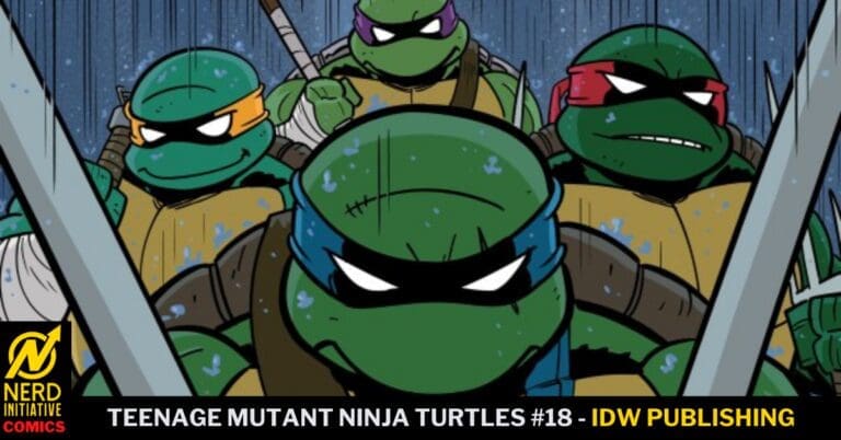 Five Ninja Turtles with swords drawn in a rainy scene; cover art for Teenage Mutant Ninja Turtles #18 by IDW Publishing