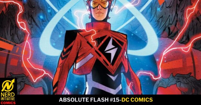 Comic book cover with a red-costumed superhero and a lightning bolt emblem, standing before a blue cosmic background; title reads 'Absolute Flash #15 – DC Comics'.