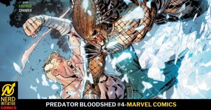 Marvel Comics cover: two muscular men clash in a brutal fight amid flying glass shards, with 'Predator Bloodshed #4' text at the bottom and Nerd Initiative logo in the corner.