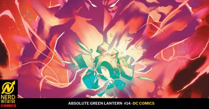 Artwork from Absolute Green Lantern #14: a glowing emerald Green Lantern ring shatters into crystal fragments amid fiery orange‑pink energy, with DC Comics credit in the bottom bar.
