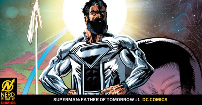Comic book cover: a silver-armored Superman stands heroically with hands on hips against a bright halo background, DC Comics title at bottom.