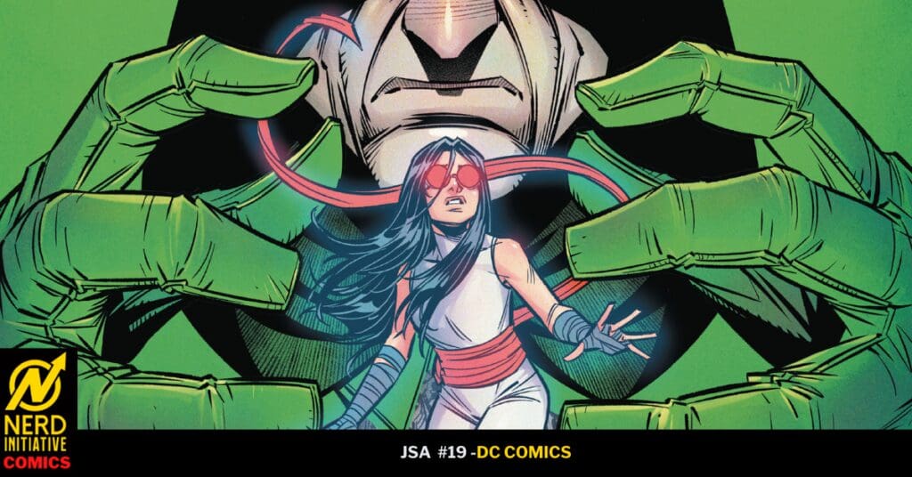 Comic cover: a woman in white with a red sash and red goggles stands as gigantic green hands loom over her.
