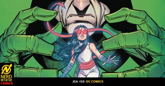 Comic cover: a woman in white with a red sash and red goggles stands as gigantic green hands loom over her.