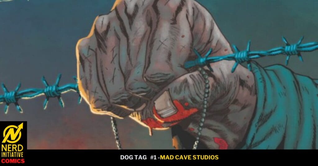 Illustrated clenched fist wrapped in barbed wire, with a red injury and beads, suggesting struggle and resilience in a comic cover image.