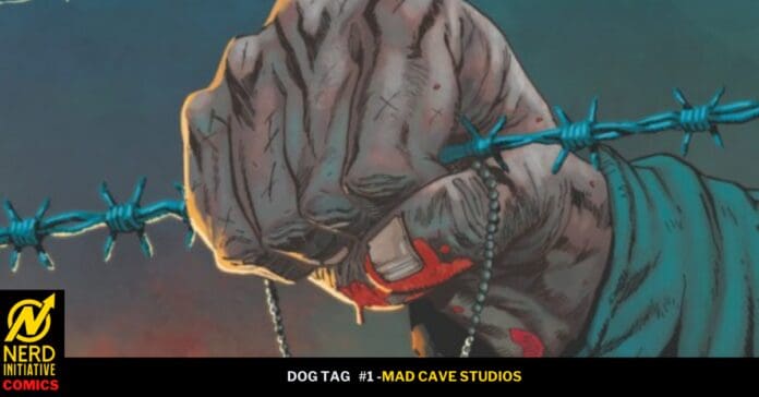 Illustrated clenched fist wrapped in barbed wire, with a red injury and beads, suggesting struggle and resilience in a comic cover image.
