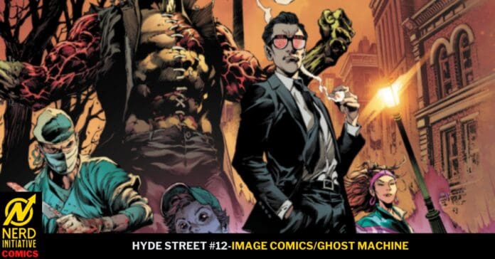 Comic book cover: a man in a suit with sunglasses smoking a cigarette, a hulking zombie behind him, and a masked surgeon on a city street at sunset; Nerd Initiative logo bottom left.
