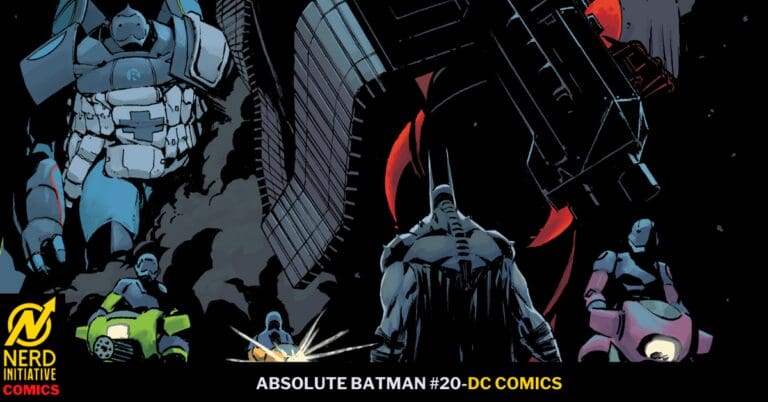 Comic book cover showing Batman looming as gigantic robots loom in a dark cityscape; title reads Absolute Batman #20, DC Comics, with Nerd Initiative Comics logo at corner.