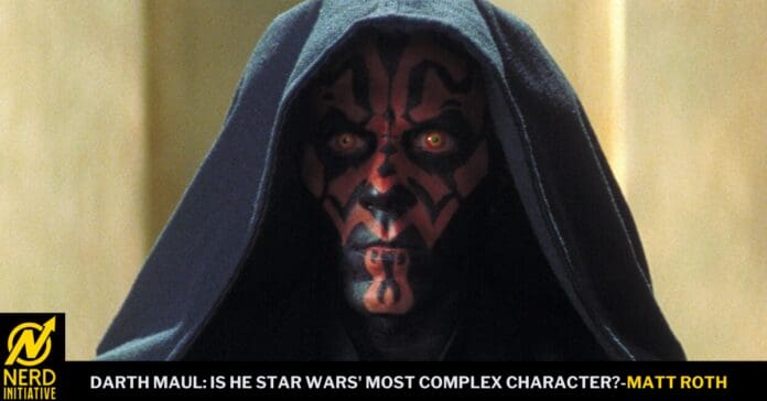 Close-up of Darth Maul in a hood with red and black facial markings and glowing yellow eyes.