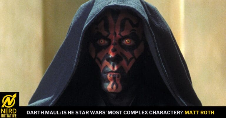 Close-up of Darth Maul in a hood with red and black facial markings and glowing yellow eyes.