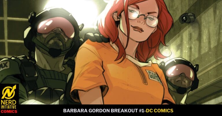 Comic-style scene: Barbara Gordon in an orange prison jumpsuit with red hair and glasses, flanked by two armored guards in a dim, gritty setting.