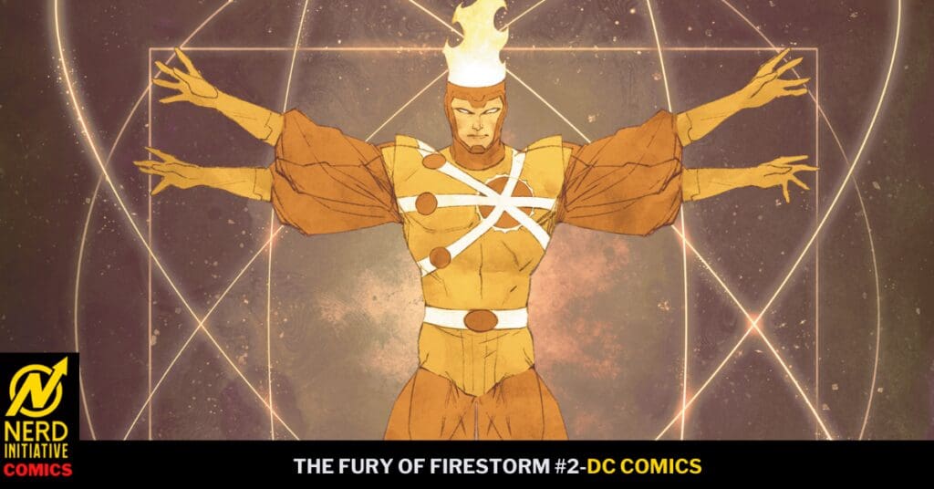 Comic book cover art of Firestorm-like hero with multiple extending arms, fiery crown, orange suit and white harness against a neon geometric backdrop.