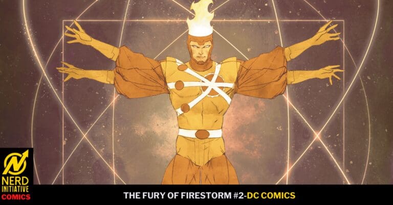 Comic book cover art of Firestorm-like hero with multiple extending arms, fiery crown, orange suit and white harness against a neon geometric backdrop.