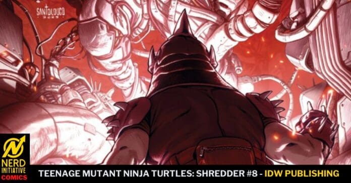 Back view of Shredder facing a swarm of robotic enemies in a red-lit comic cover scene, TMNT Shredder #8 edition.