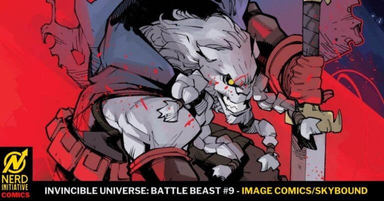 Comic cover: Battle Beast charging with a sword in a dynamic, red-toned action pose, logoed by Nerd Initiative Comics.