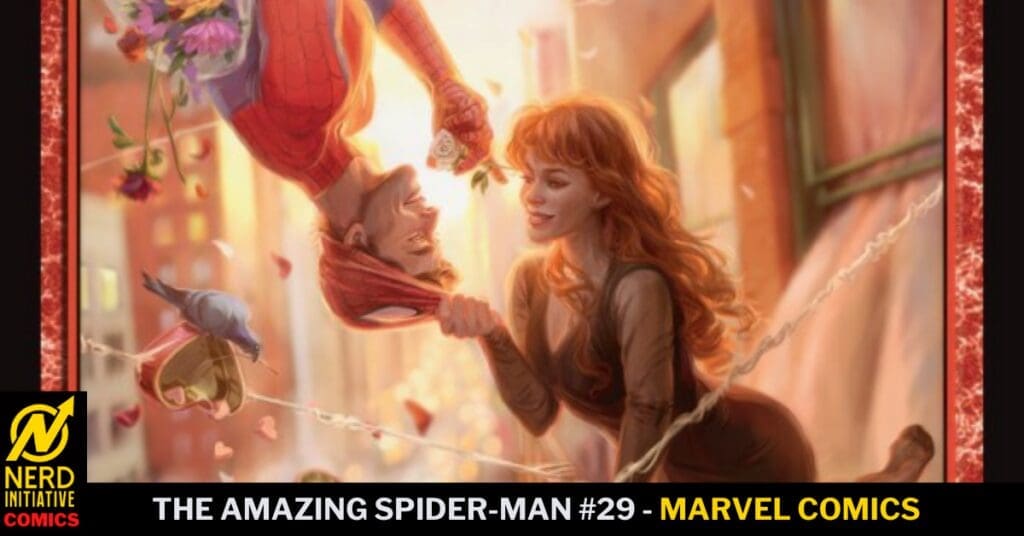 Spider-Man hangs upside down in a sunny city street, offering a flower to Mary Jane who smiles up at him.