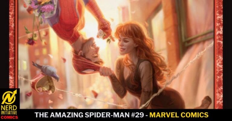 Spider-Man hangs upside down in a sunny city street, offering a flower to Mary Jane who smiles up at him.