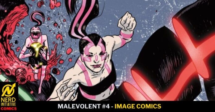 Two pink-masked fighters sprint into action as a large glowing red machine looms in the foreground.