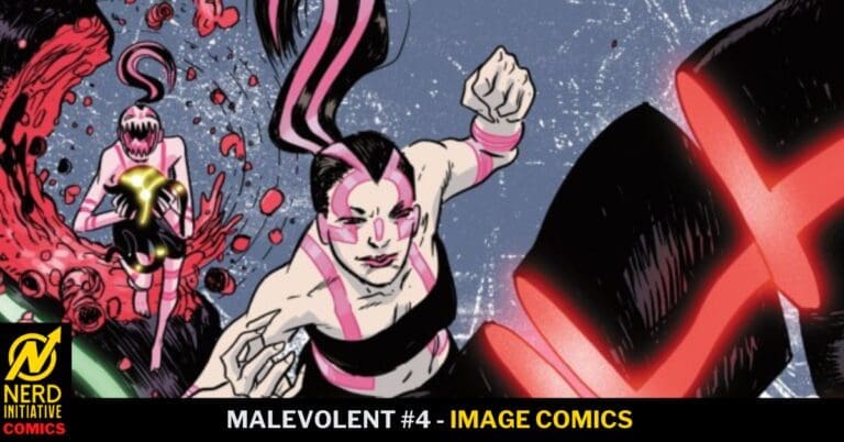 Two pink-masked fighters sprint into action as a large glowing red machine looms in the foreground.