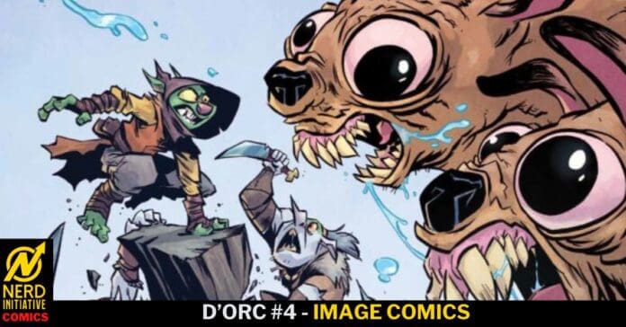 Comic-style battle scene: a green-skinned hero in a tattered cape stands on a rock, facing a large, snarling wolf-like demon with huge teeth, as two smaller figures clash nearby. Logo bottom-left shows ‘Nerd Initiative Comics.’