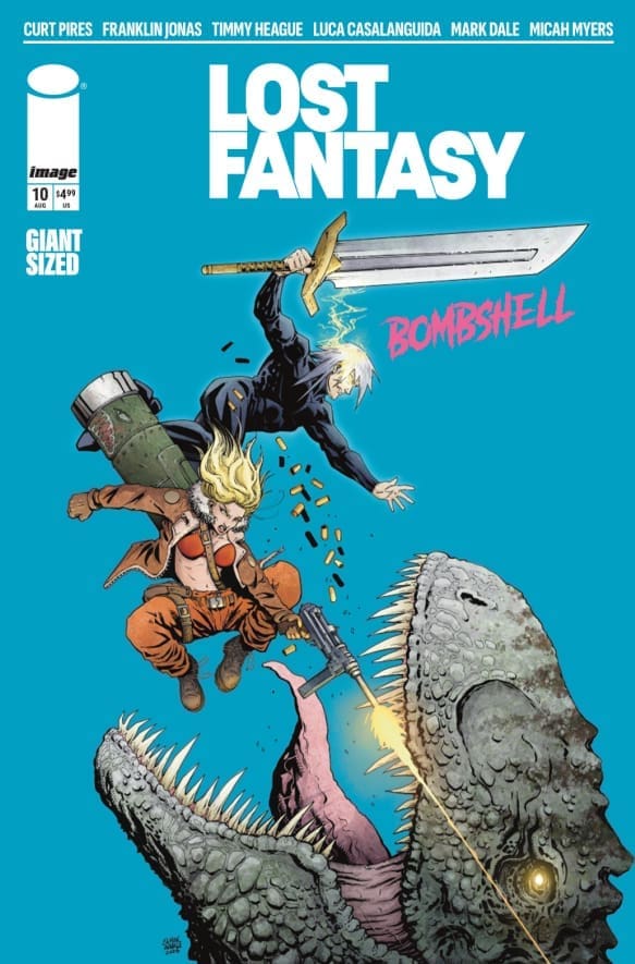 Cover art for Lost Fantasy: two heroes—woman with a weapon and man wielding a giant sword—engage a spiked, dinosaur-like monster on a bright blue background.
