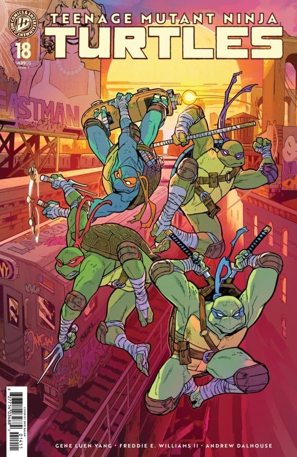 TMNT comic cover: four turtles in midair battle in a neon city at sunset; masks blue, purple, orange, red; wielding swords, bo staff, sai, and nunchaku.