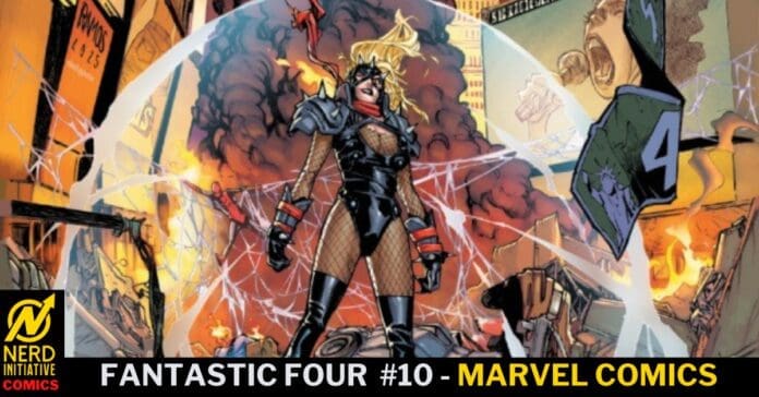 Comic book cover: female vigilante in black leather poses amid explosions and shattered cityscape, with a glowing energy web around her. She’s on a ruined street, wearing fishnet stockings and tall boots.