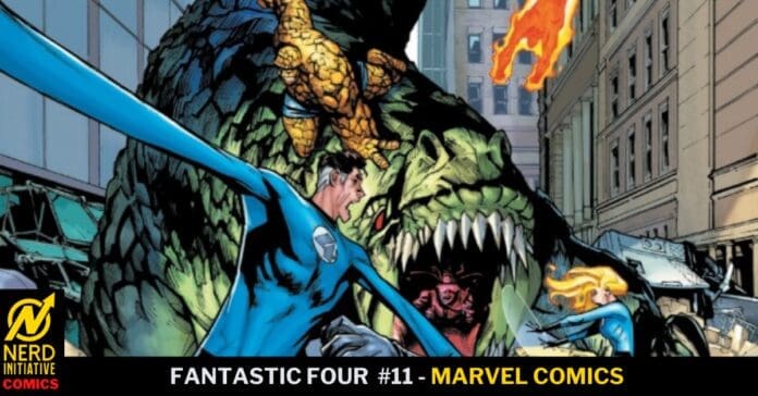 Comic book cover: the Fantastic Four fight a massive green monster in a city street, with Mr. Fantastic extending his blue arm toward the creature.