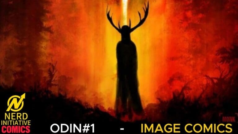 Silhouette of a hooded figure with large antlers against a fiery orange background; cover art for Odin #1, Image Comics.