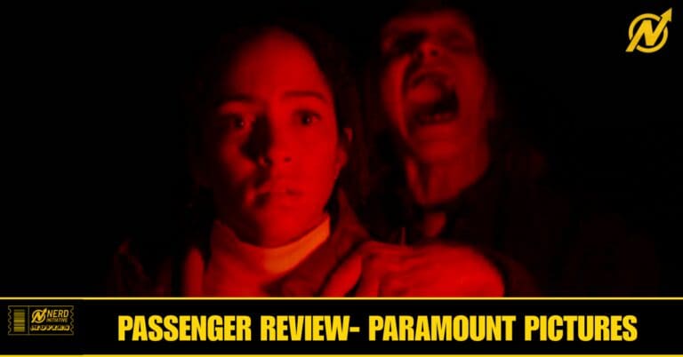 Red-lit movie thumbnail showing a young woman in the foreground with a terrified expression, a screaming figure behind her, conveying a tense horror moment; banner text reads 'Passenger Review- Paramount Pictures' at the bottom.