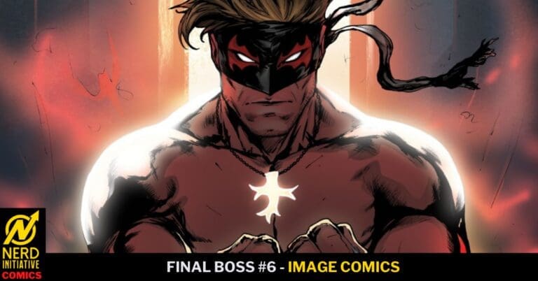 Muscular figure with a black and red mask, glowing cross pendant, fists raised, flames behind on a comic cover titled Final Boss #6 (Image Comics).