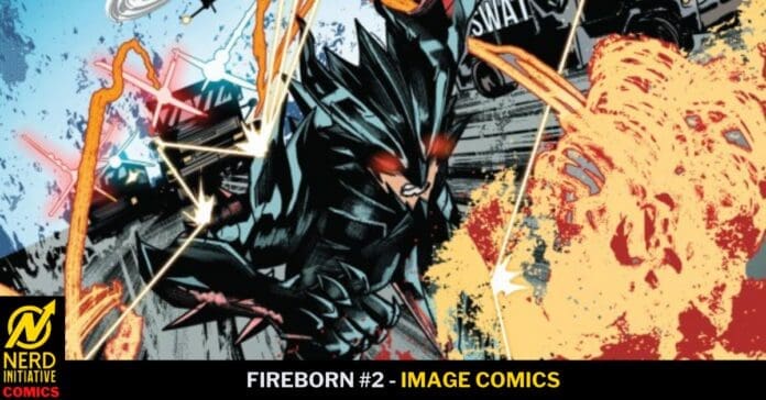 Dynamic comic panel of a dark-costumed hero colliding with a fiery blast, sparks flying and energy lines crisscrossing the scene.