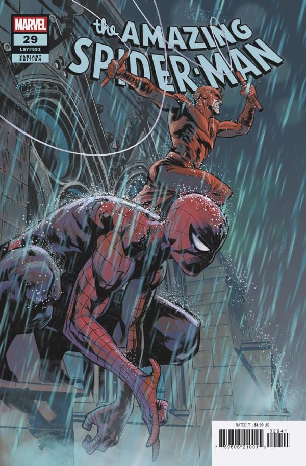Cover of Marvel's The Amazing Spider-Man #29: Spider-Man crouches in a rain-soaked city street, front and center, with a red-clad hero standing on a rooftop above ready for action.