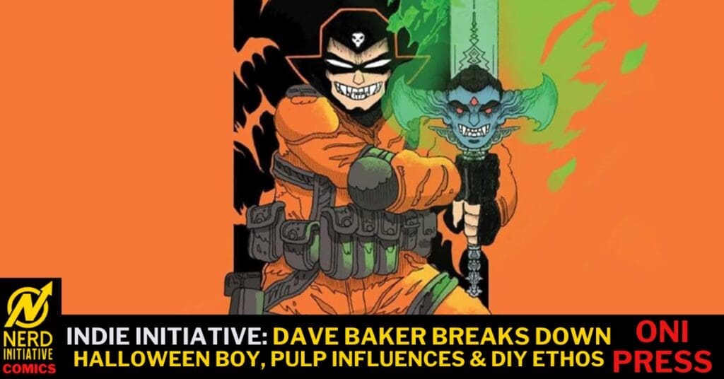 Comic-style illustration of an orange-suited, grinning figure wielding a demon-headed staff against an orange/green backdrop; article header banner reads Indie Initiative. Logo: Nerd Initiative Comics bottom-left and Oni Press on the right.