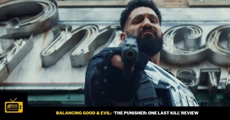 Bearded man in tactical gear points a handgun at the camera during a Punisher review video.