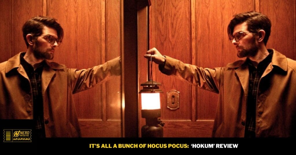 Man in a brown trench coat is mirrored on both sides of an elevator, reaching toward a glowing lantern between them.