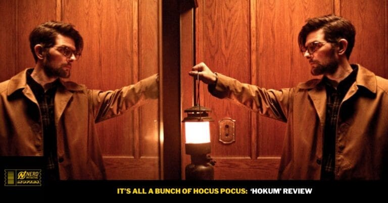 Man in a brown trench coat is mirrored on both sides of an elevator, reaching toward a glowing lantern between them.