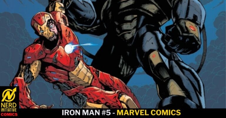 Comic book cover: Iron Man in red-gold armor battles a large dark armored foe on a blue, cloudy backdrop; bottom logos and title text visible.