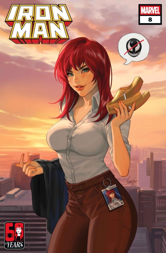 Comic-style cover featuring a red-haired woman in a white shirt and brown pants holding a wooden prop against a sunset cityscape; Marvel logo and 'IRON MAN' title visible.