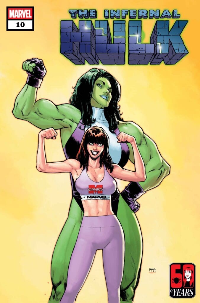 Comic book cover with a green She-Hulk standing behind a smaller woman in a purple suit, both flexing, yellow background, and a 'The Infernal Hulk' title at the top with Marvel logo.