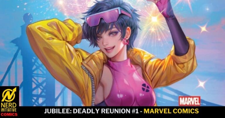 Comic book cover featuring Jubilee in a pink bodysuit and yellow jacket, with pink visor, raising her arms as fireworks burst behind her; Marvel logo bottom right and nerd initiative watermark bottom left.