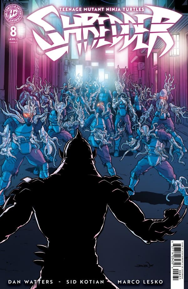 Comic book cover: a large black armored figure is seen from behind, facing a neon-lit alleyway filled with blue, zombie-like mutants; bold logo spans the top with issue details on the left.