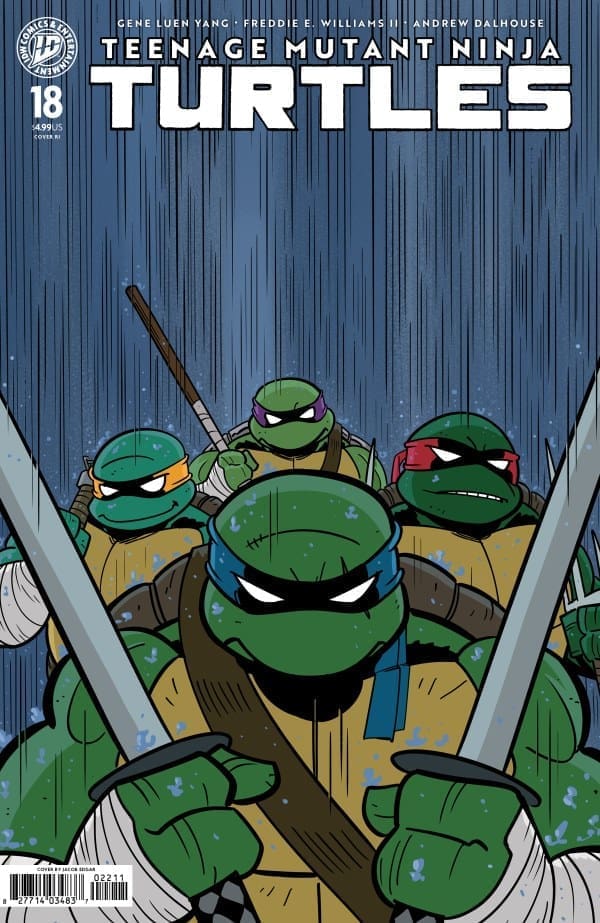Front cover of Teenage Mutant Ninja Turtles comic featuring four turtles in rain, ready for battle, wielding swords; bold title at top.